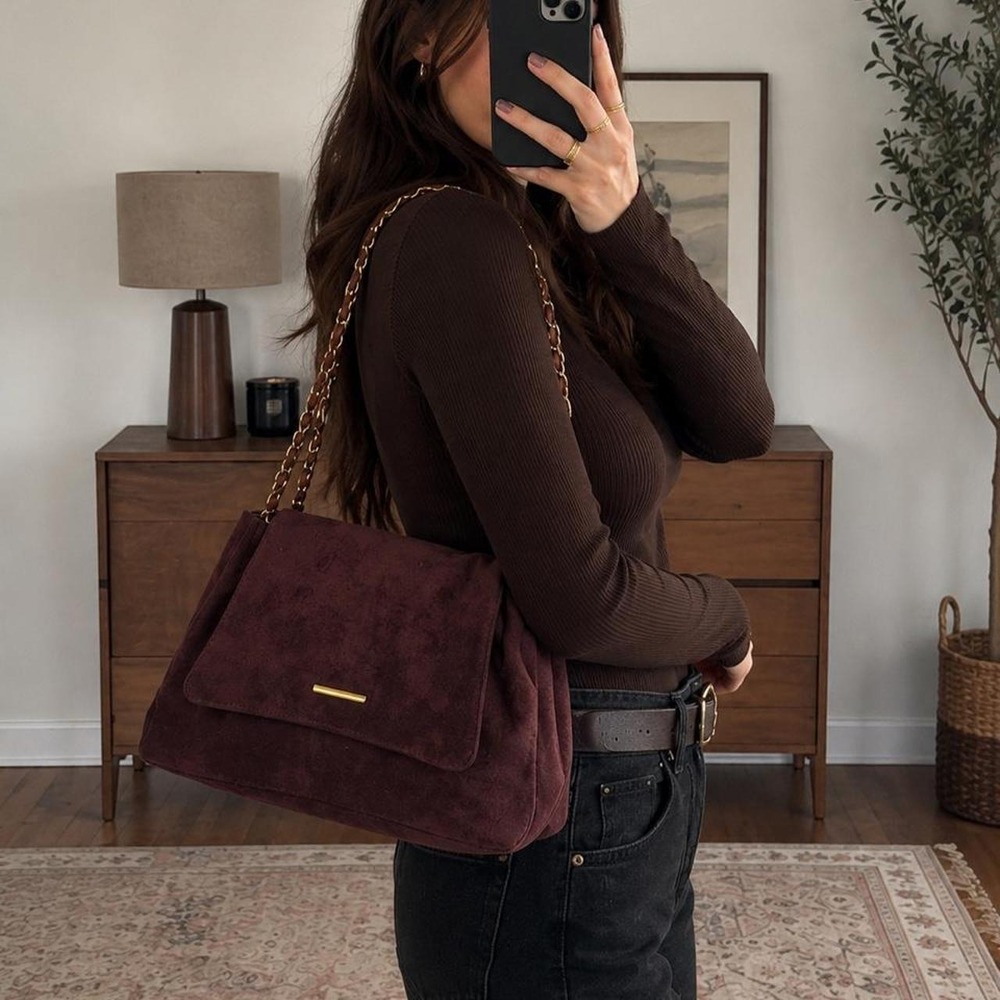Chic Suede Chain-Handle Backpack Tote in Deep Burgundy